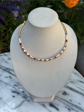 Tory Burch Serif-T Enamel Striped Collar Necklace Beaded Gold-Tone Necklace